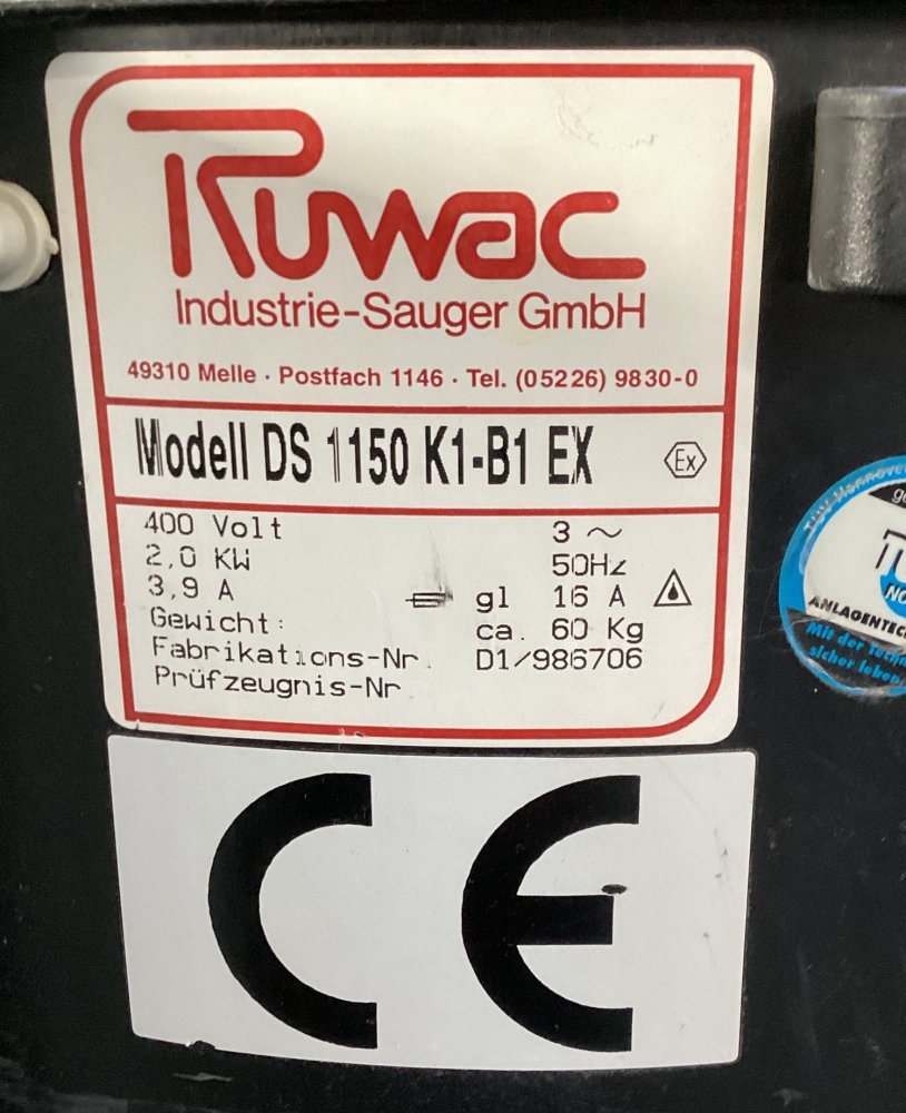 RUWAC DS 1150 K1-B1-Ex Industriestaubsauger
