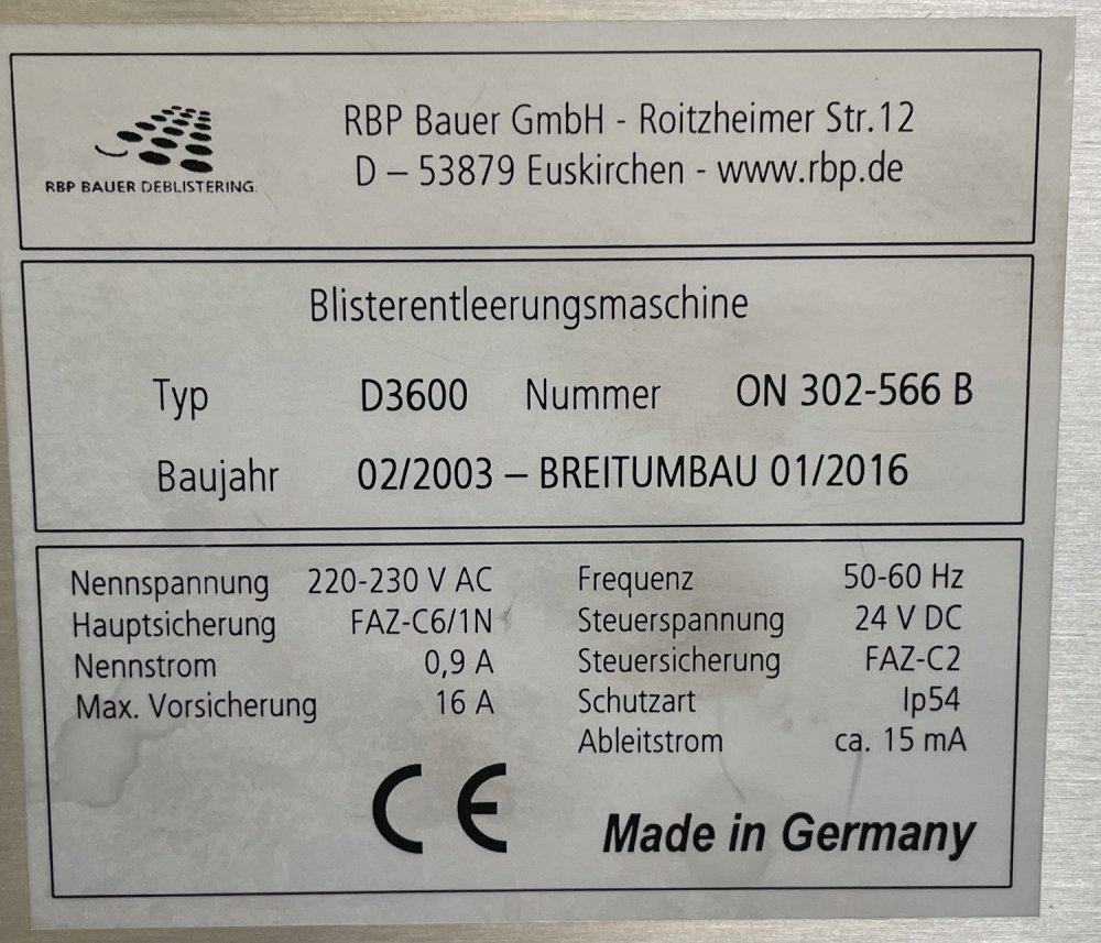 BAUER D 3600 Deblistering Machine