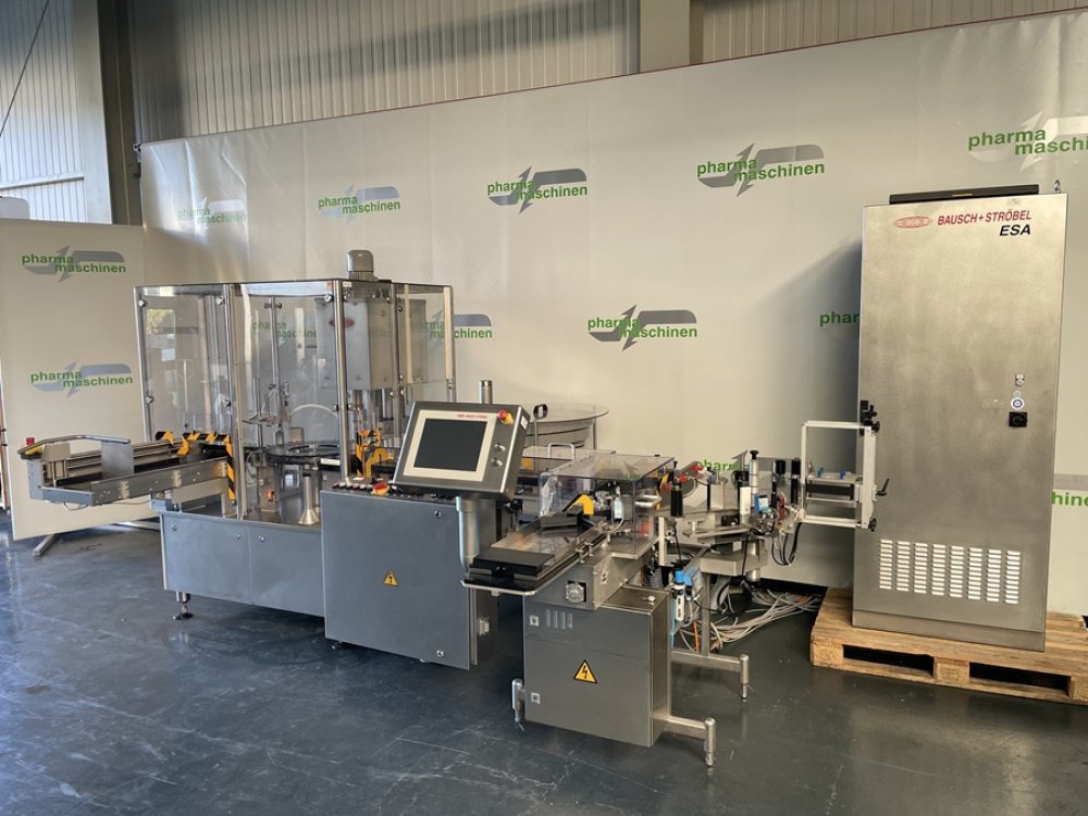 BAUSCH + STRÖBEL Line KSF 1020 + ESA 1002 Filling and Screw Capping machine for liquids with labeler